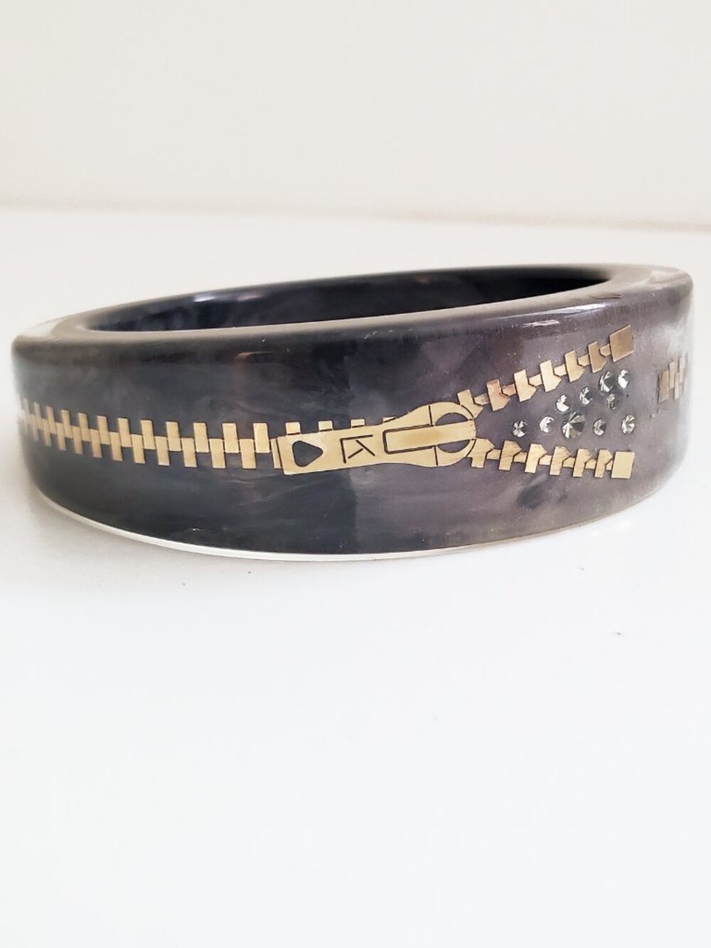 Luc Kieffer Lucite Grey Marbled Bracelet Gold Zipper Grey Crystal NEW